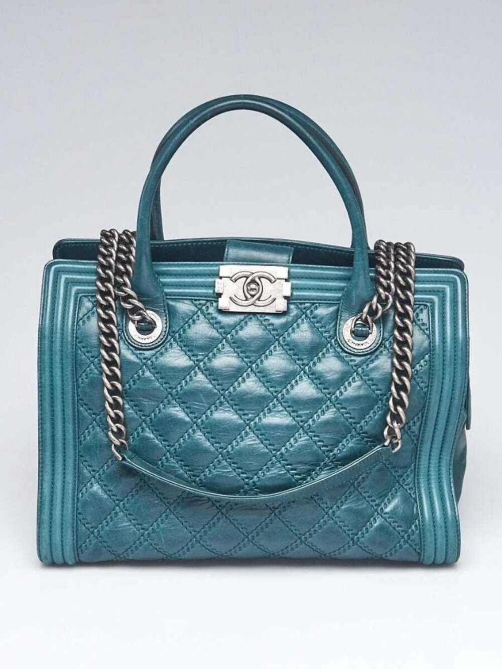 Chanel Green Double Stitch Leather Boy Tote Bag